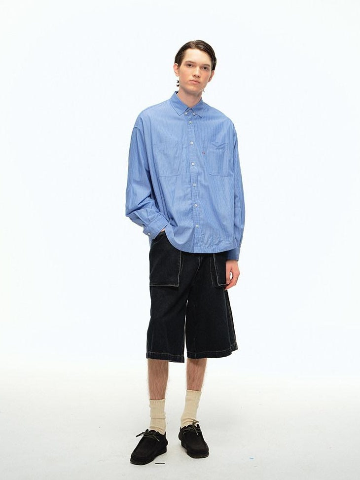 Country Moment Shape Retention Mid Rise Loose Straight Blue Denim Teen Cotton Mid-Length Shorts