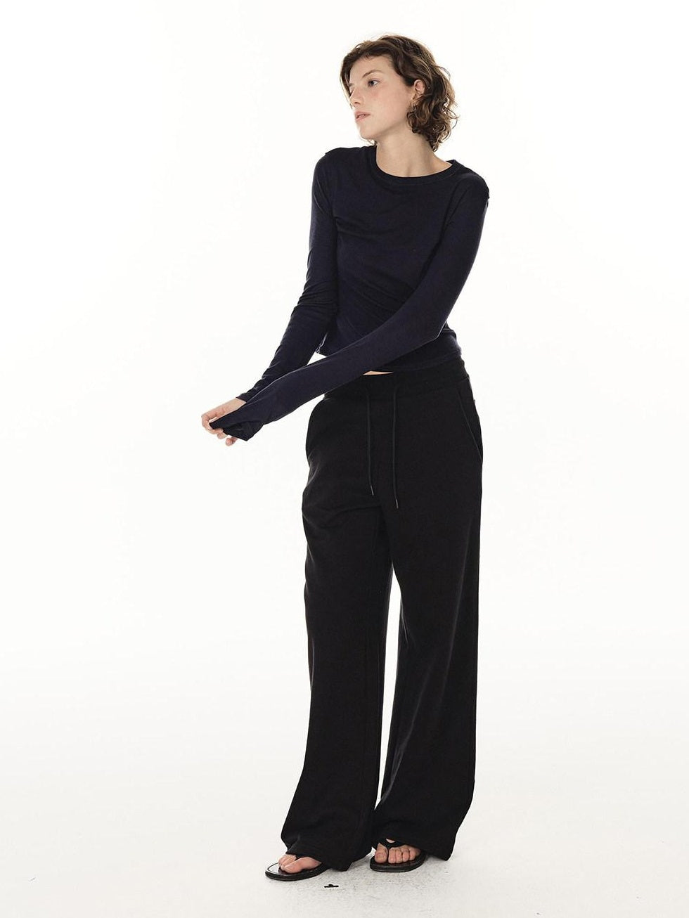 Country Moment Durable Cotton Mid Rise Straight Elastic Youth Casual Black Gray Wide Leg Pants