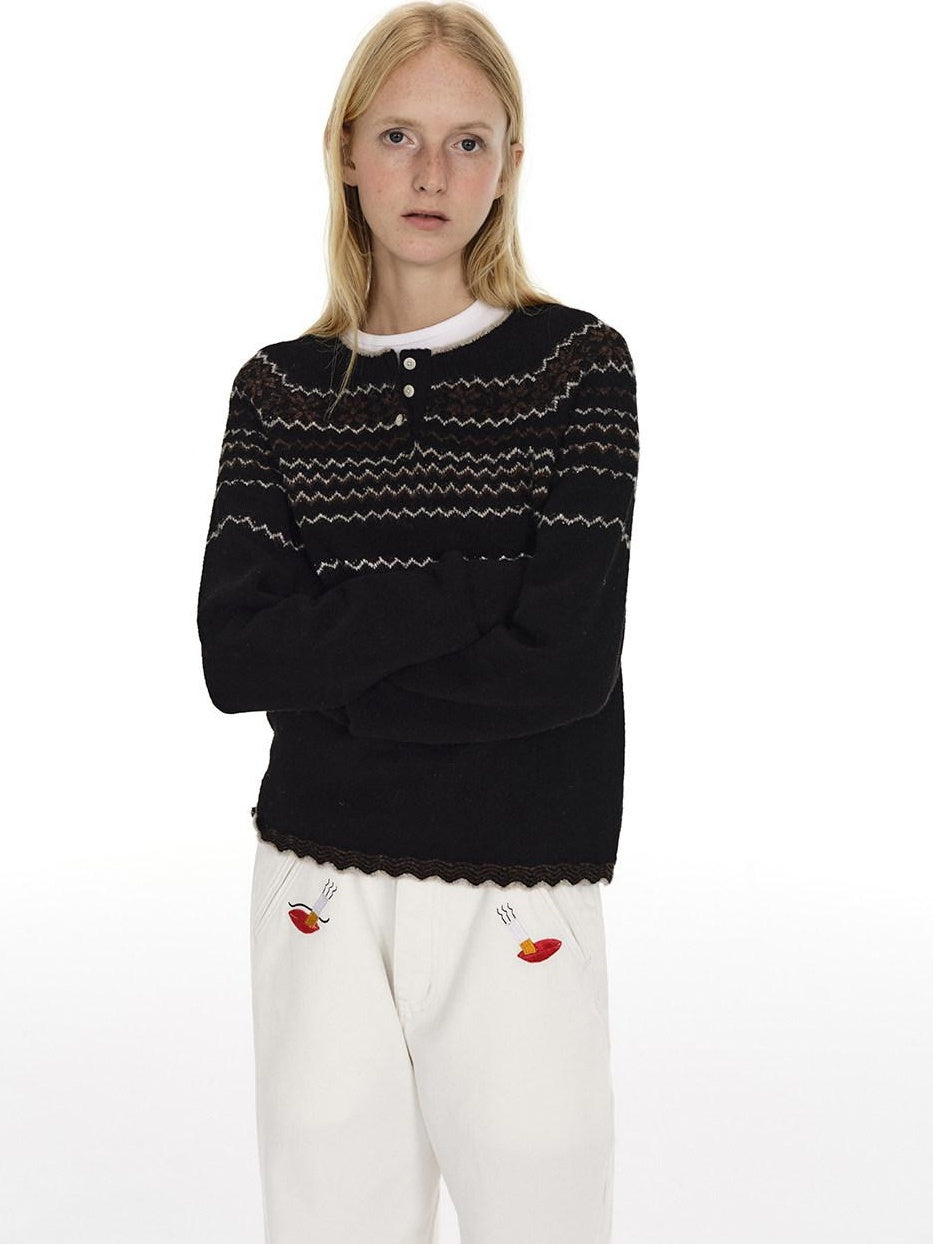 Country Moment Jacquard Henley Button Pullover Slim Fit Youth Wool Blend Striped Sweaters