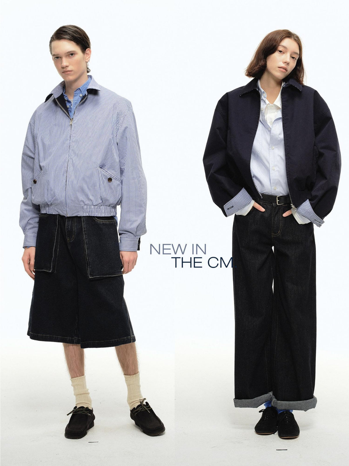 Country Moment Warm Cotton Loose Fit Youthful Plaid Zip Unisex Navy Lapel Cropped Jackets