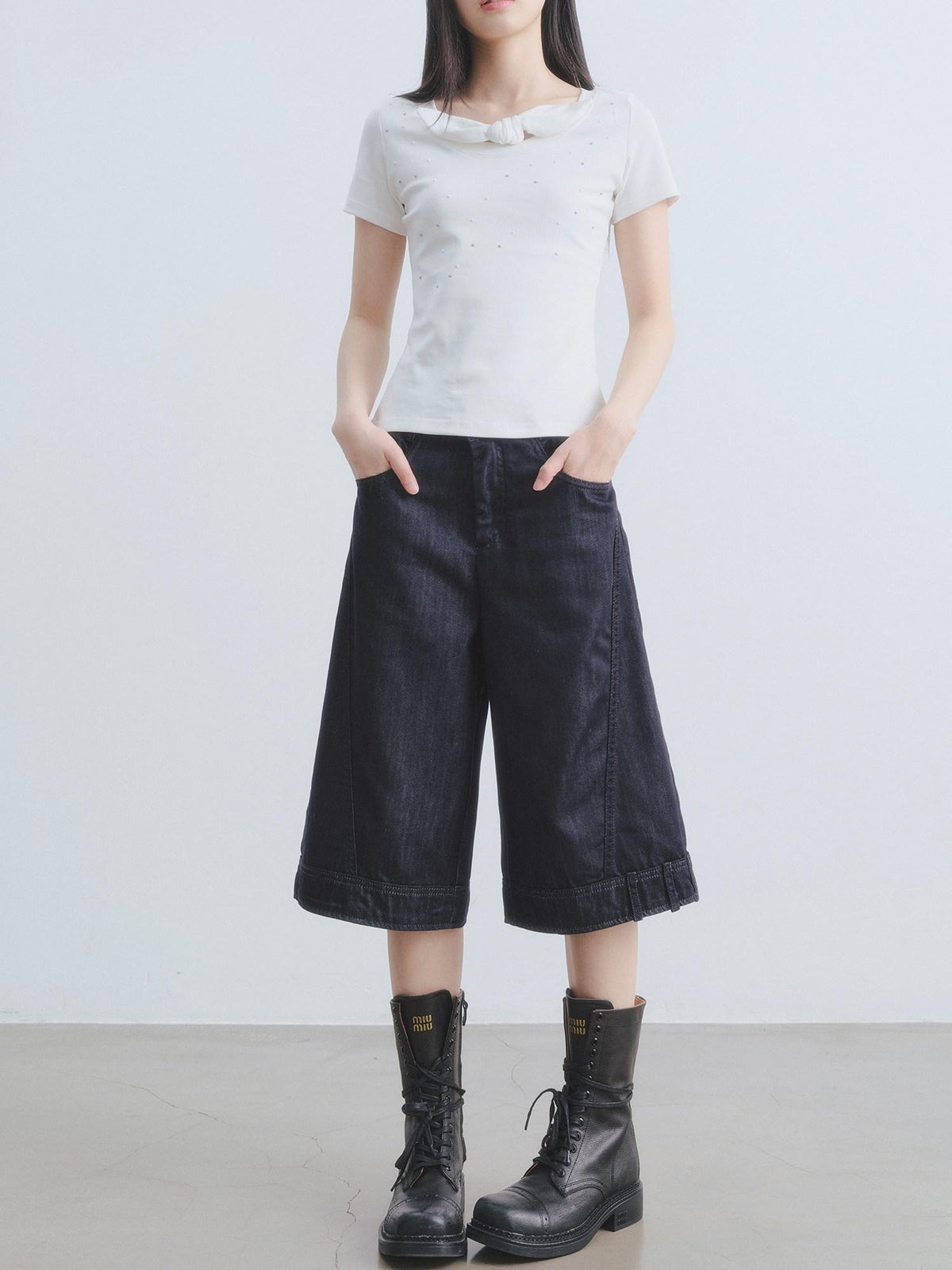 DDGIRL studio Washed High Waisted Pleated Soft Non Stretch Navy Solid Durable Wide Leg Jeans