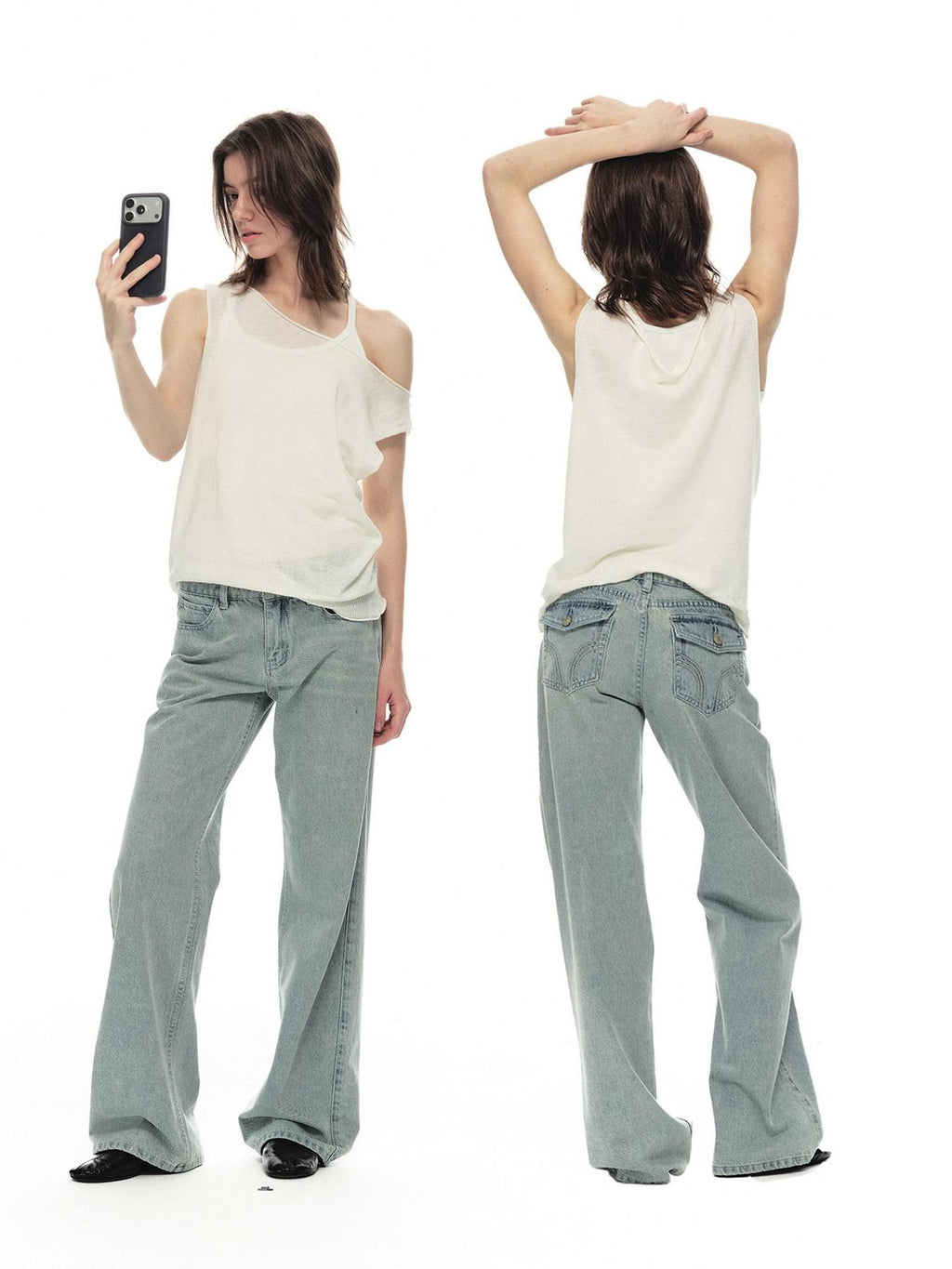 Country Moment Breathable Linen Blend Loose Asymmetric Neckline White Women Casual Tank Tops
