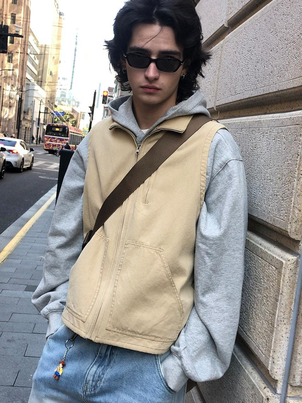 Country Moment Organic Cotton Stand Collar Zipper Loose Fit Patch Pocket Teen Khaki Vests