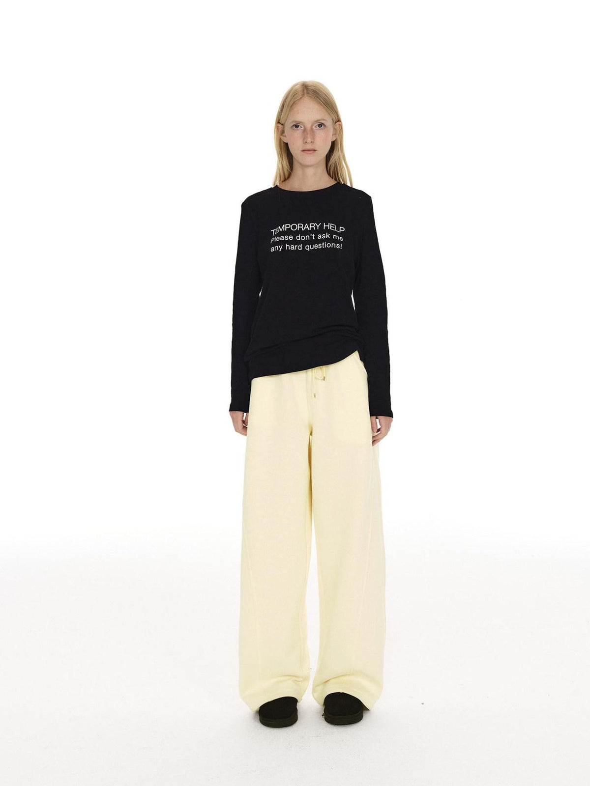 Country Moment Loose Wide Leg Drawstring Casual Unisex Cotton Blend Off White Straight Pants