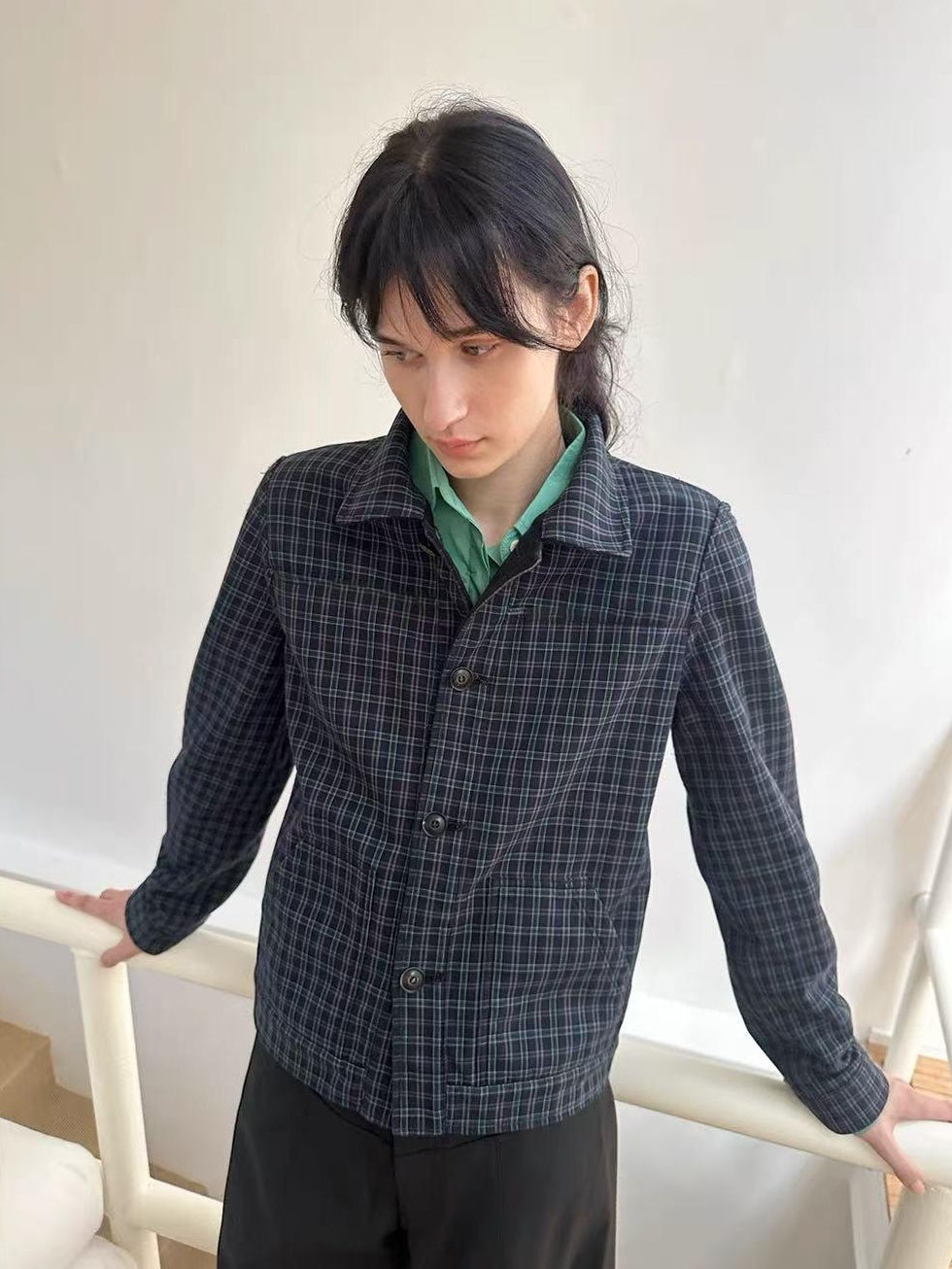Country Moment Reversible Warm Edgy Slim Plaid Lapel Unisex Black Polyester Cropped Jackets
