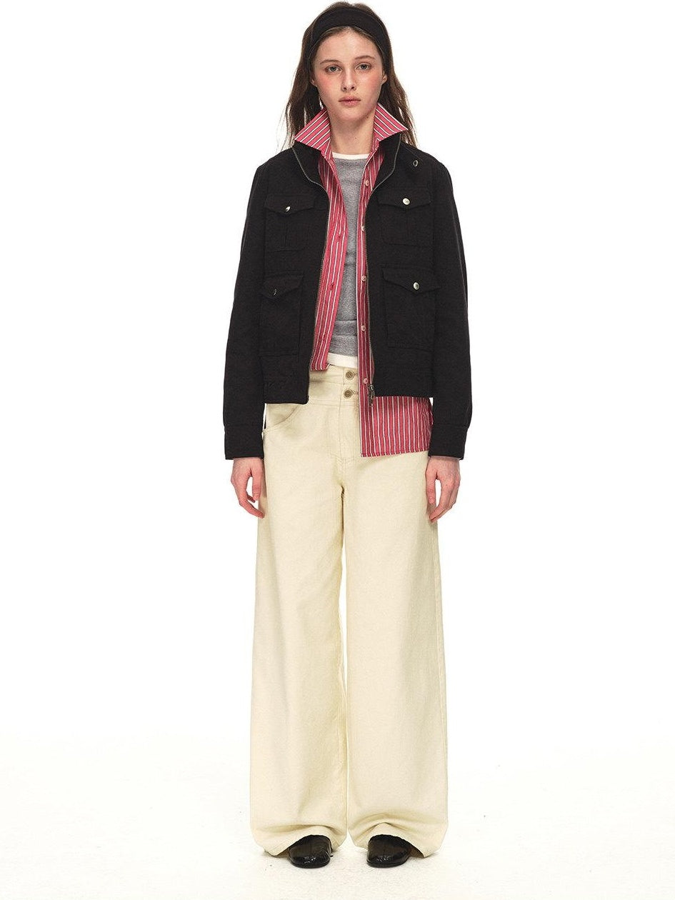 Country Moment 100% Cotton Distressed Multi Pocket Unisex Black Zip Front Cropped Jackets