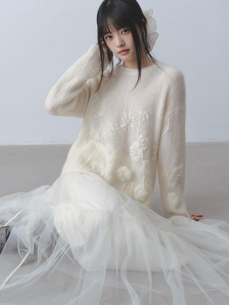 DDGIRL studio Ultra Soft Relaxed Embroidered Floral Crochet Round Neck Women Knit Sweaters