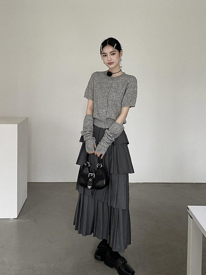 DDGIRL studio Lined High Waist Pleated Patchwork A Line Commuter Loose Fit Gray Midi Skirts