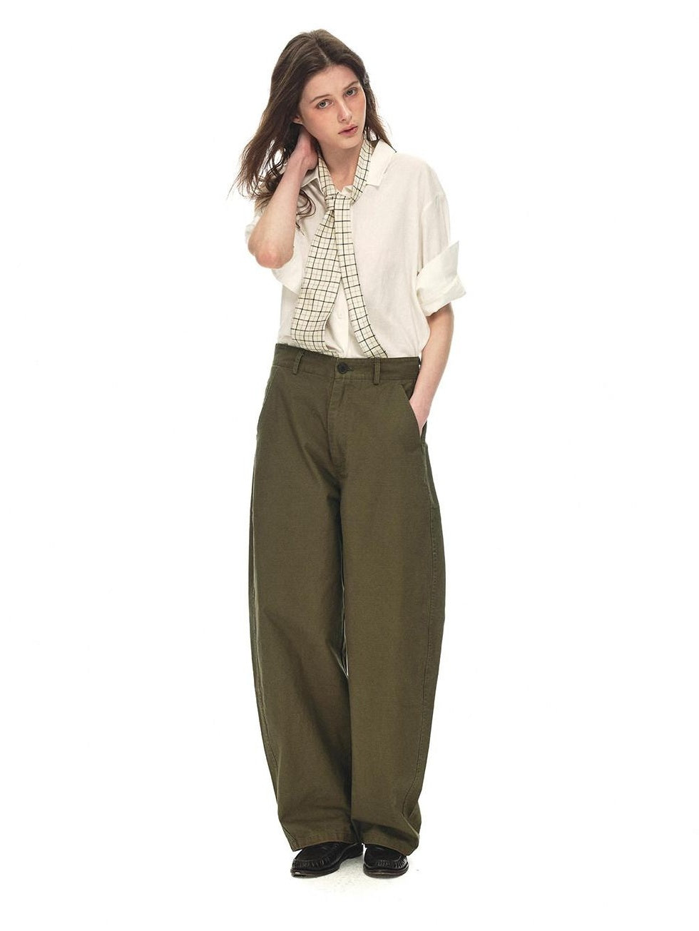 Country Moment Relaxed Cotton Button Fly Natural Waist Casual Army Green Wide Leg Pants