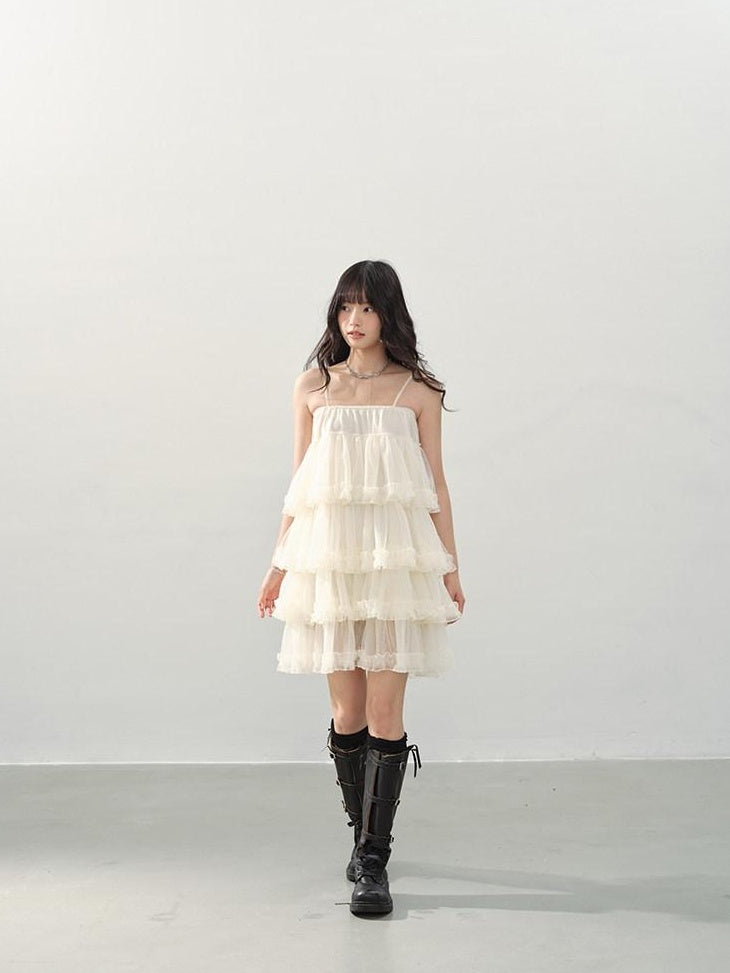 DDGIRL studio Breathable Soft Sweet Princess A Line Tiered Camisole Cream Mini Dresses