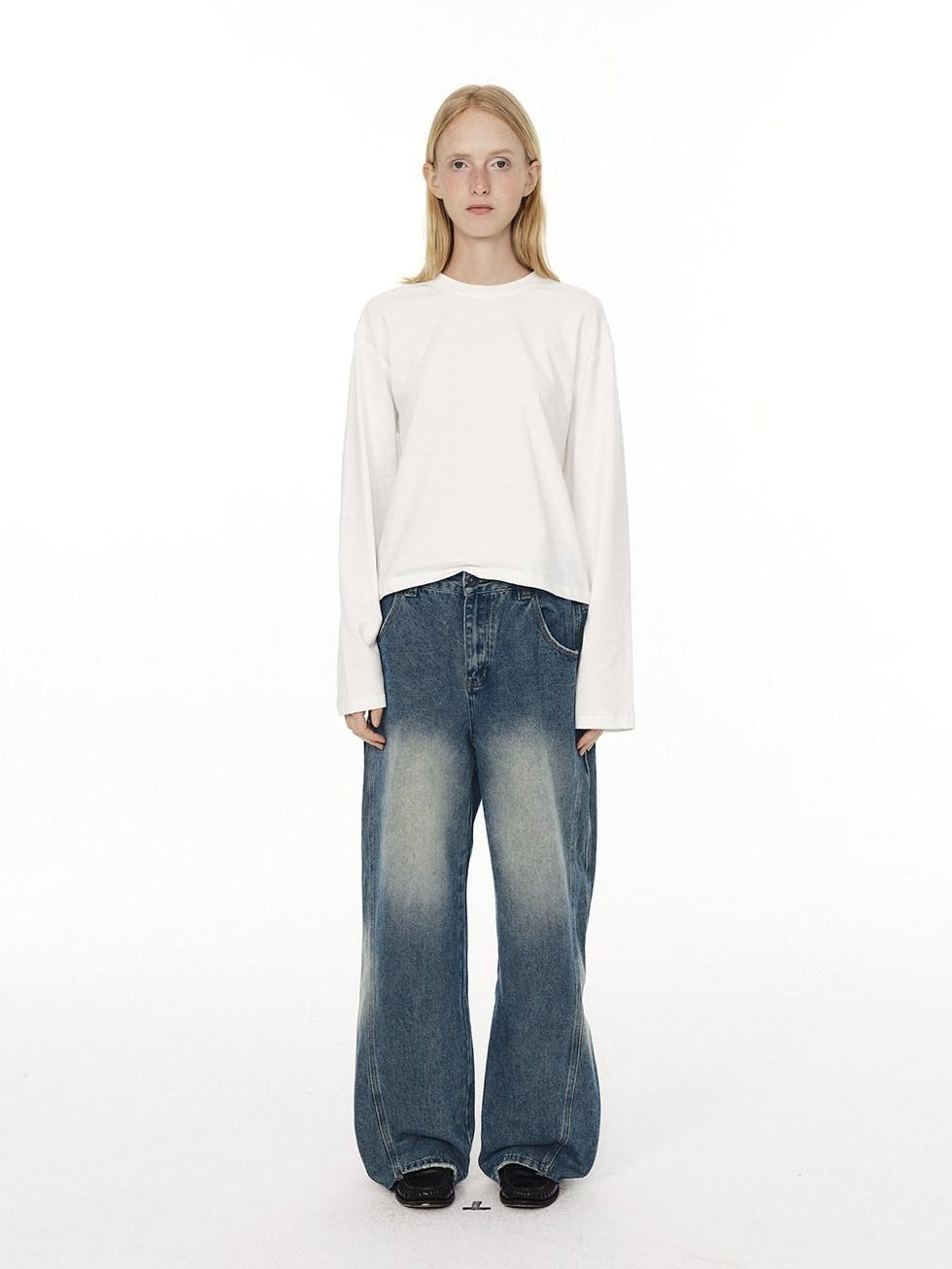 Country Moment Soft Cotton Blend Mid Rise Relaxed Vintage Gradient Blue Straight Leg Jeans
