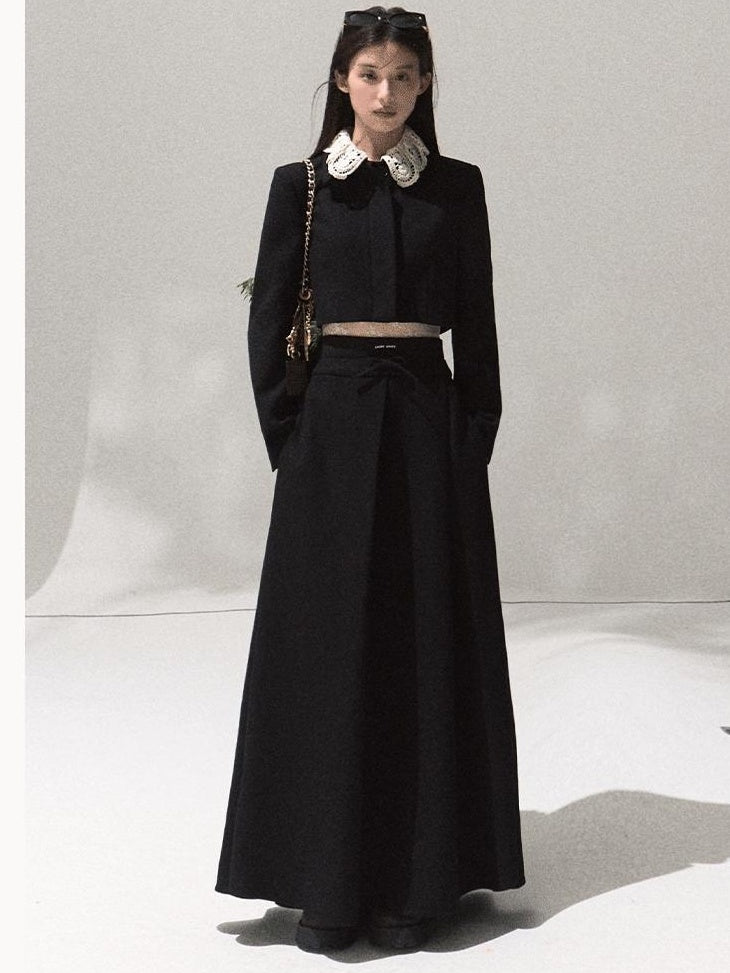 7 OAKMOO Lightweight Long Sleeve Doll Collar High Waist Black Top & Skirt Sets