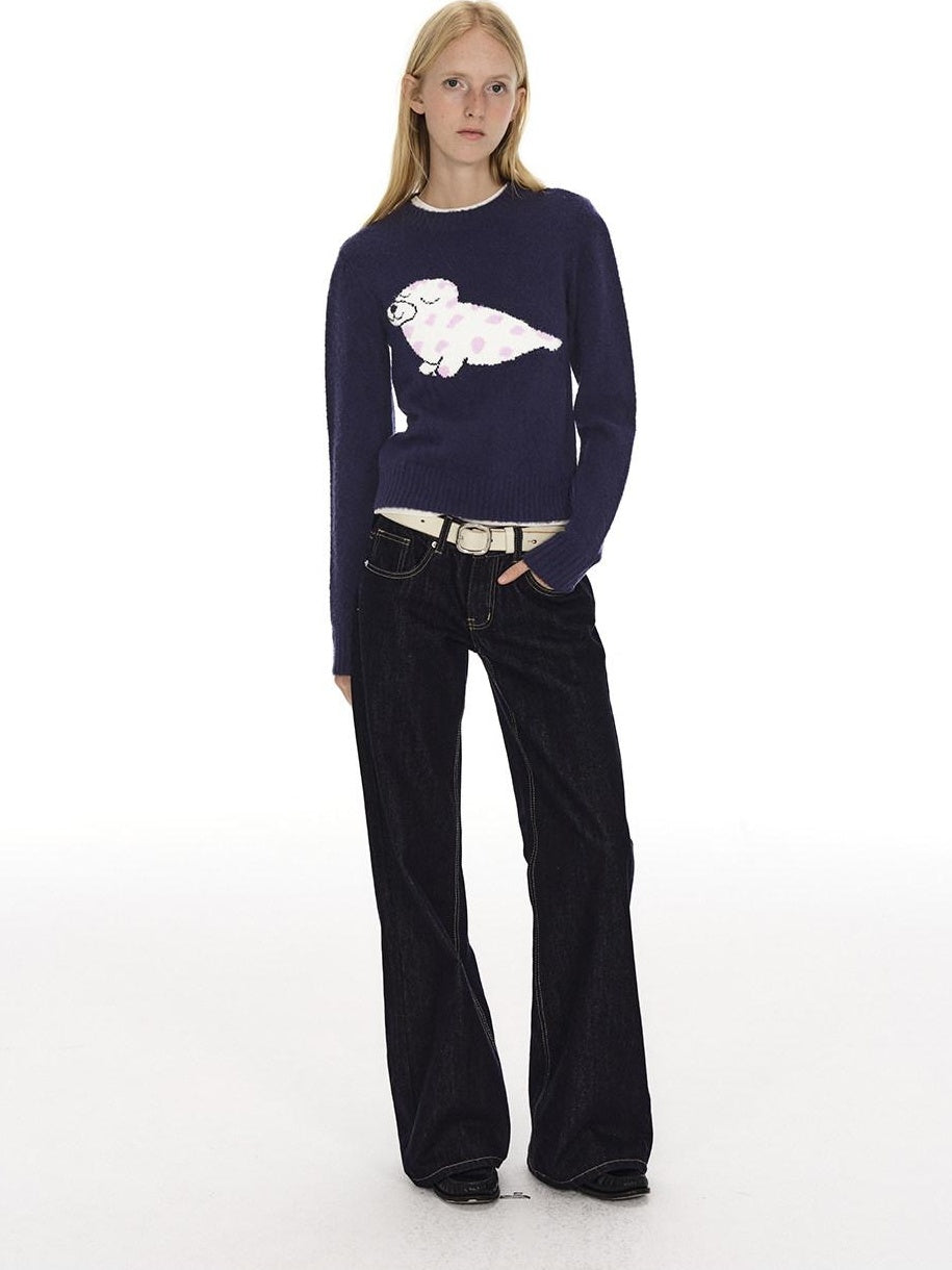 Country Moment Soft Slim Embroidered Seal Youthful Unisex Everyday Acrylic Round Neck Sweaters