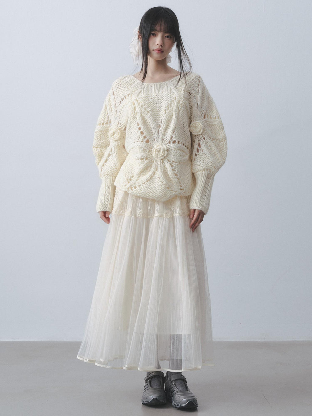 DDGIRL studio Shape Retaining High Waist A Line 3D Embellished Lined Off White Maxi Skirts