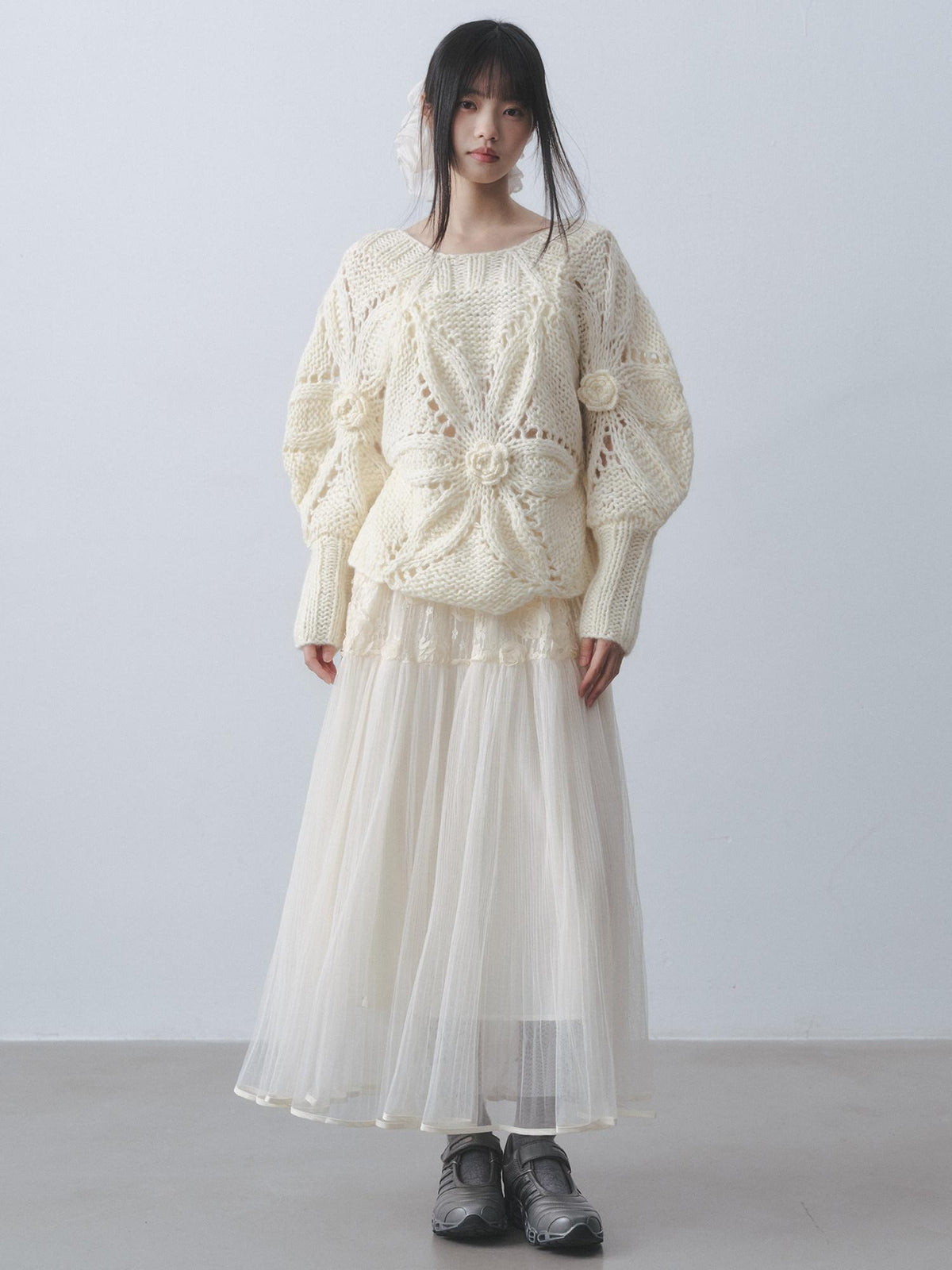 DDGIRL studio Shape Retaining High Waist A Line 3D Embellished Lined Off White Maxi Skirts