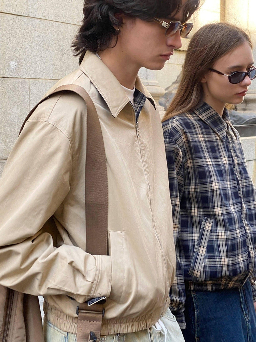 Country Moment Reversible Windproof Loose Fit Khaki Plaid Ribbed Hem Unisex Cropped Jackets