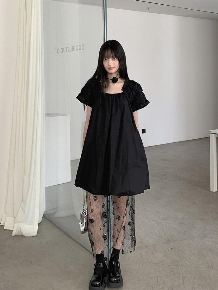 DDGIRL studio 100% Cotton Pullover Bardot Neck A Line Lantern Skirt Workwear Midi Dresses