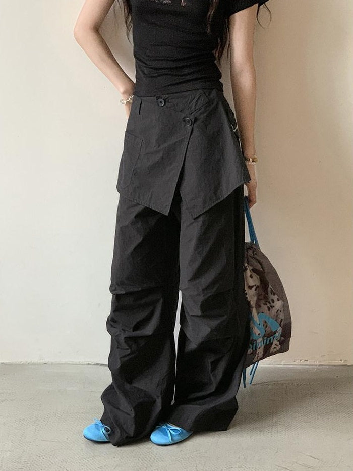 DDGIRL studio High Waist Cotton Cargo Pockets Loose Commuter Women Black Straight Pants