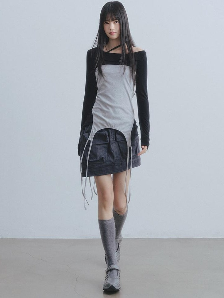 DDGIRL studio Soft 100 Percent Cotton High Waist Cargo Office Women Dark Gray Mini Skirts