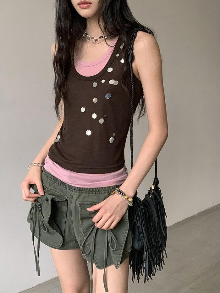DDGIRL studio Stretch Cotton Knit Slim Camisole U Neck Sequin Women Office Top & Pants Sets
