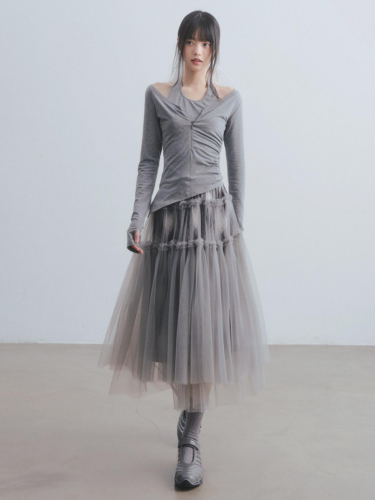 DDGIRL studio Non Deforming High Waist Mesh Patchwork Pleated Lined Women Gray Midi Skirts