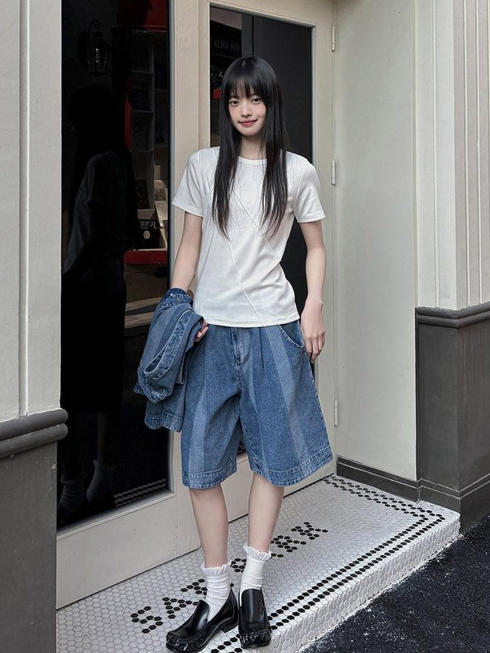 DDGIRL studio Stretch Cotton Blend Korean Straight Crew Neck White Short Sleeve T-Shirts