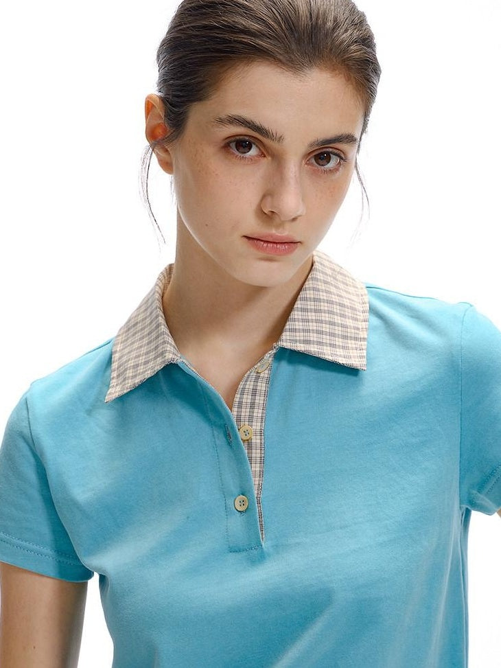 Country Moment 100% Cotton Patchwork Slim Fit Polo Collar Casual Plaid Short Sleeve T-Shirts