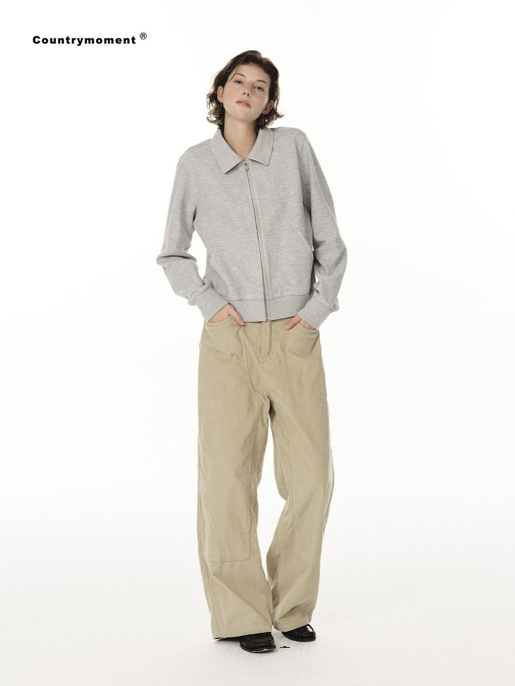Country Moment Breathable Warm Cotton Blend Loose Fit Zip Up Men Casual Grey Sweatshirt