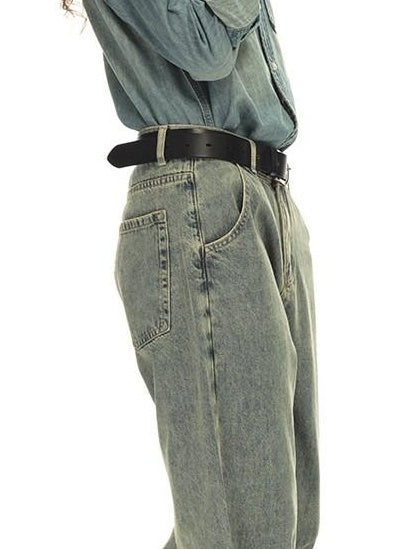 Country Moment Distressed Mid Rise Relaxed Unisex Breathable Cotton Grey Blue Wide Leg Jeans