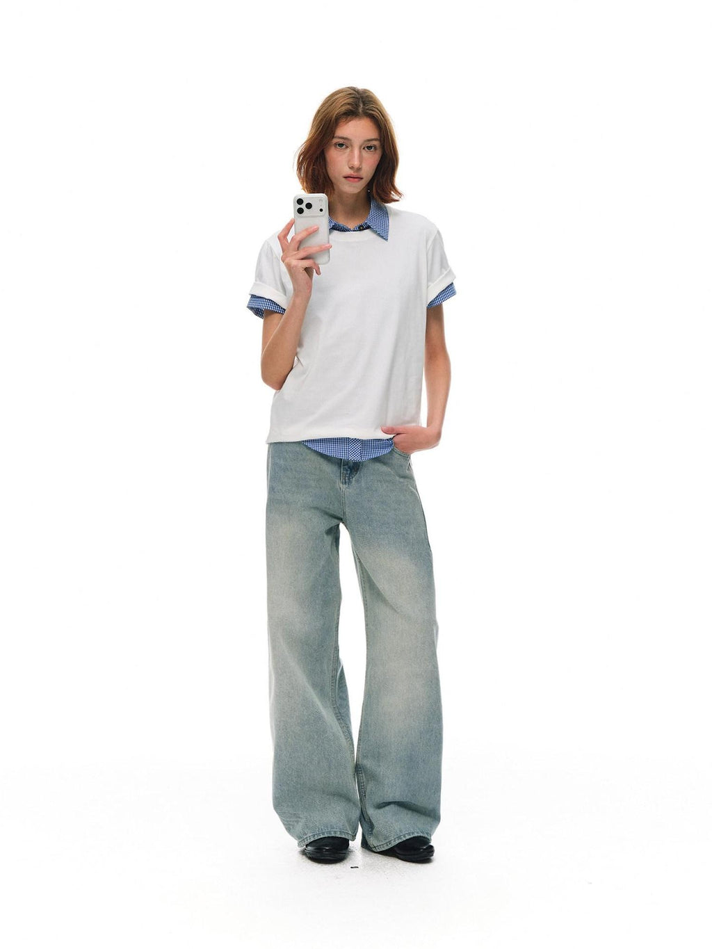 Country Moment Washed Distressed Embroidered Mid Rise Loose Retro Light Blue Wide Leg Jeans