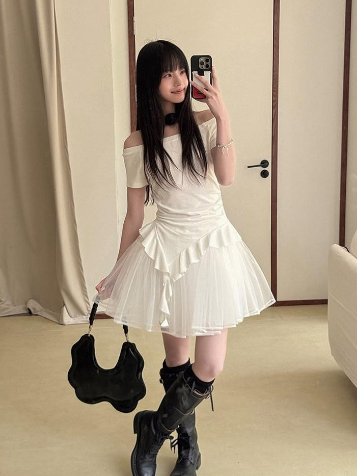 DDGIRL studio Flattering High Waist Lined Office A Line Puff Short White Nylon Mini Skirts