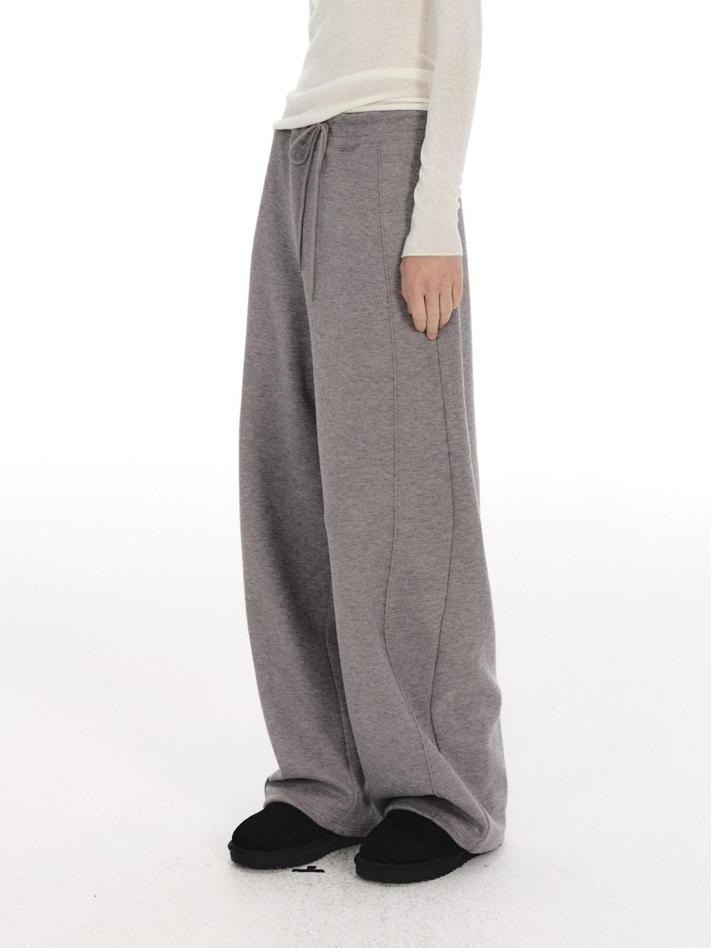 Country Moment Warm Wool Lined Pleated Drawstring Loose Fit Gray Straight Sweatpants