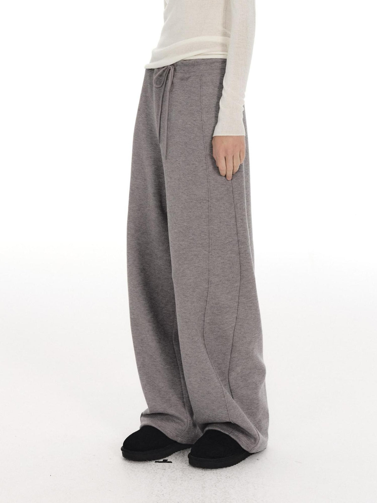 Country Moment Warm Wool Lined Pleated Drawstring Loose Fit Gray Straight Sweatpants