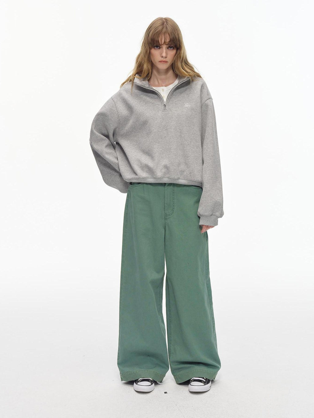 Country Moment Washed 100% Cotton Loose Straight Zipper Fly Youth Everyday Green Wide Leg Pants