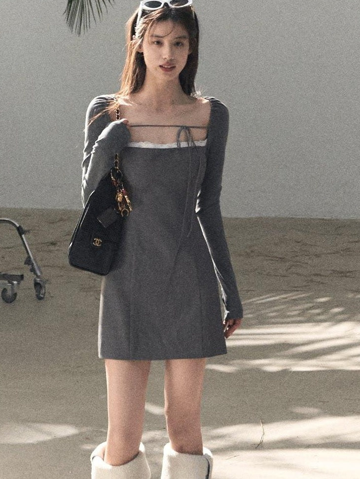 7 OAKMOO Waist Cinch Casual One Shoulder Long Sleeve Slim Viscose Blend Mini Dresses