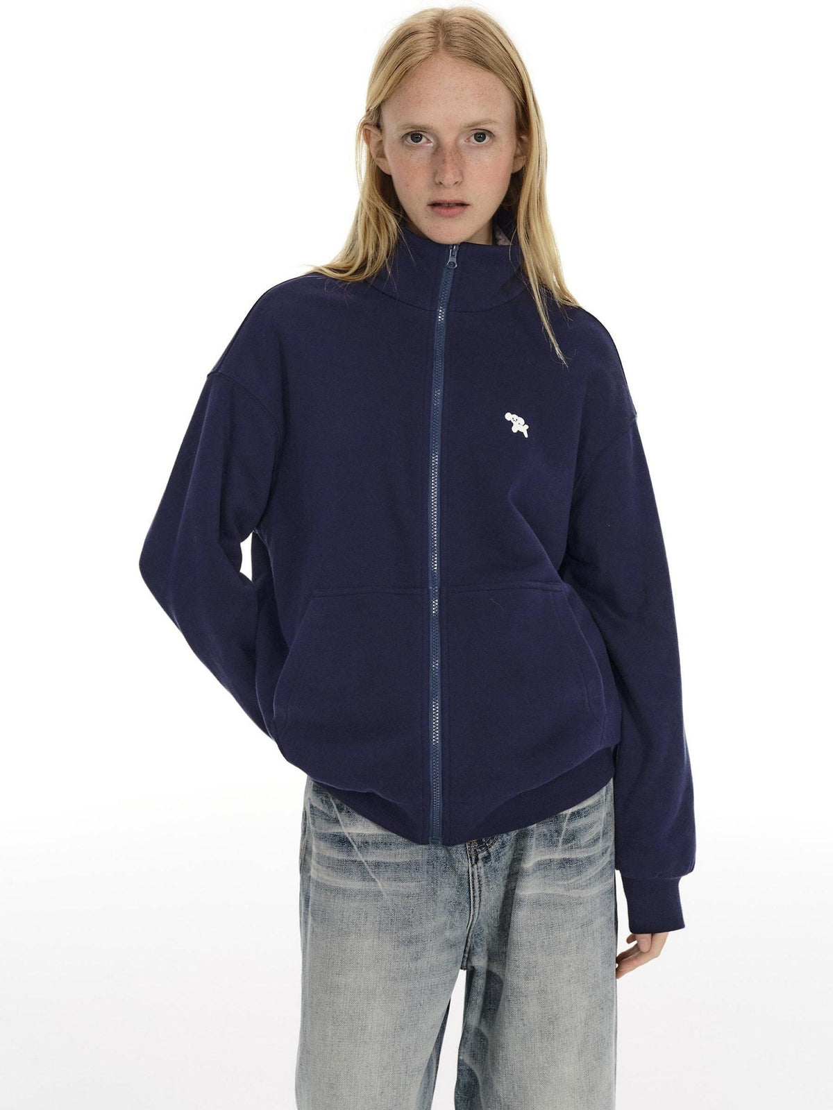 Country Moment Cozy Fleece Thick Loose Embroidered Stand Collar Unisex Cotton Zip Sweatshirt