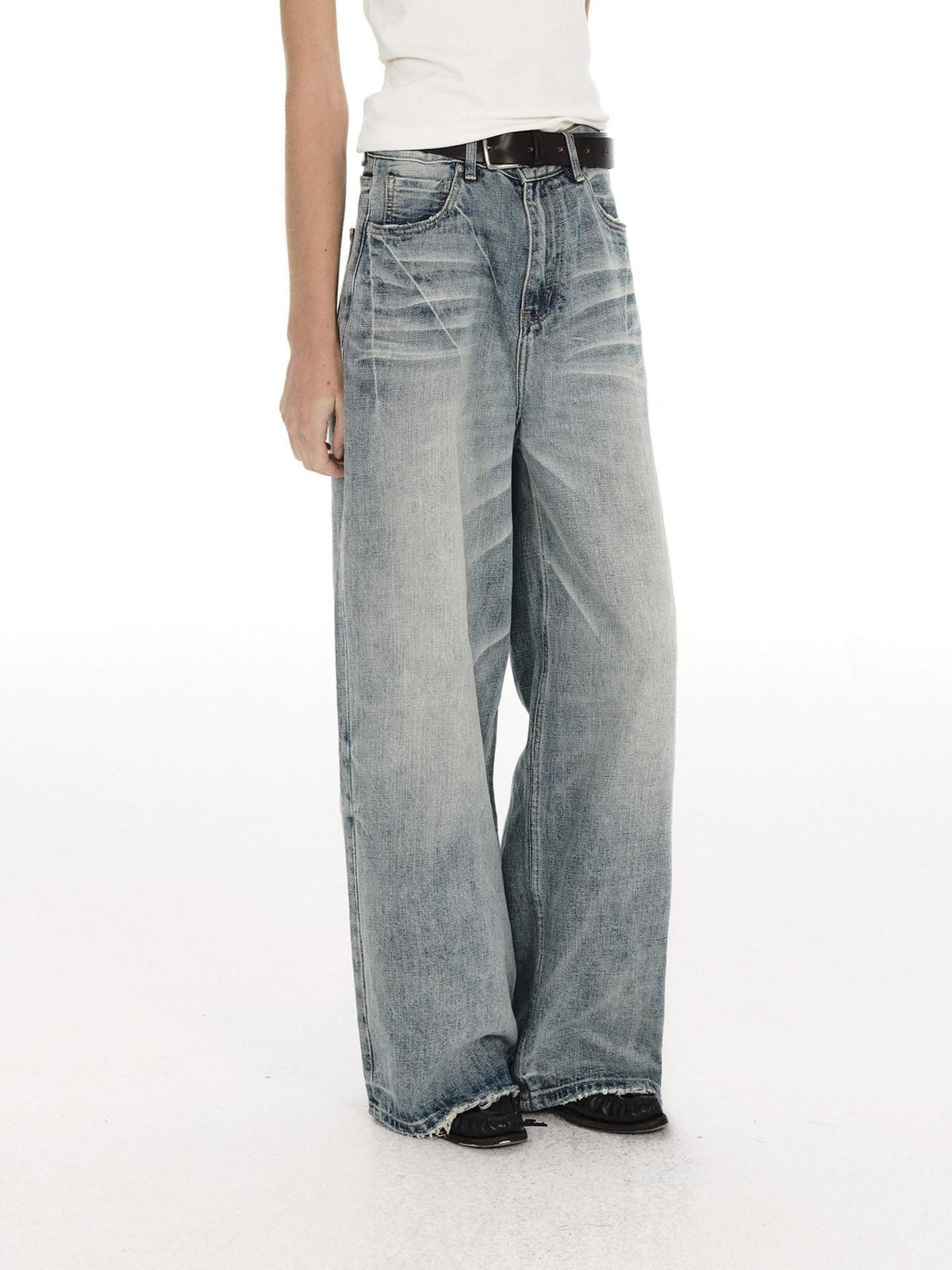 Country Moment Mid Rise Washed Whisker Brushed Cotton Casual Unisex Blue Wide Leg Jeans