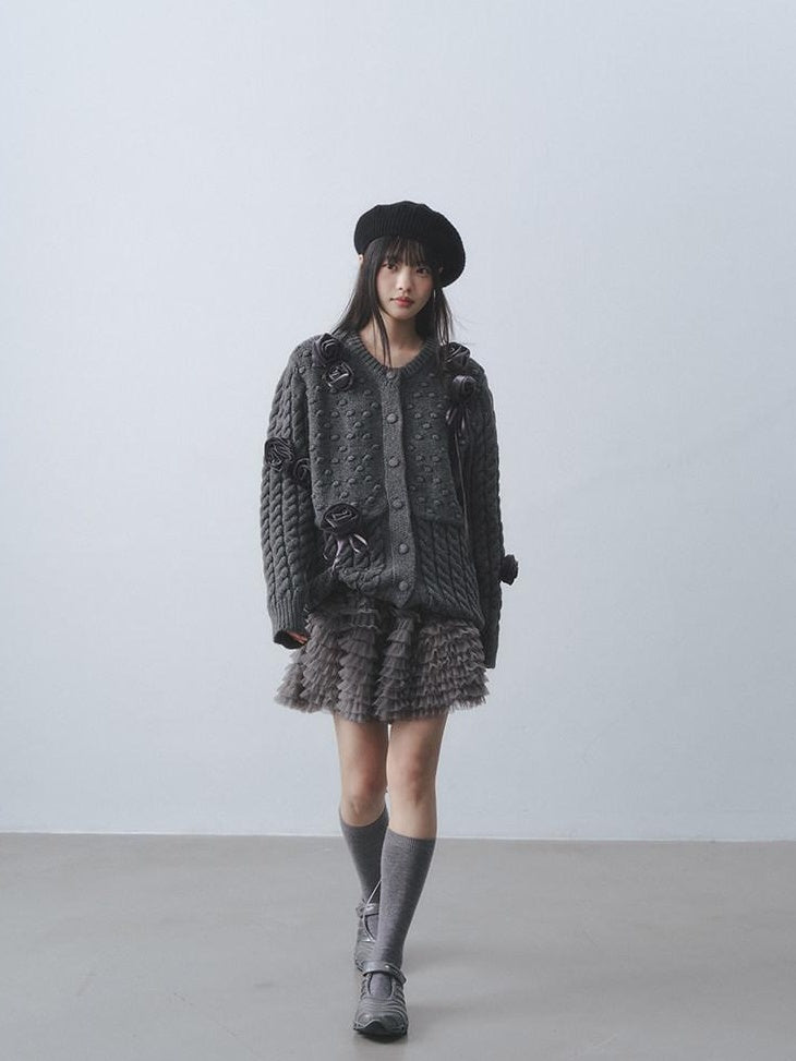 DDGIRL studio Soft Warm Silk Feel Relaxed 3D Embellished Women Office Knit Cardigans
