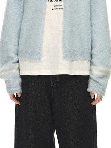 Country Moment Soft Wool Blend Light Blue Striped Relaxed Collar Women Breathable Cardigans