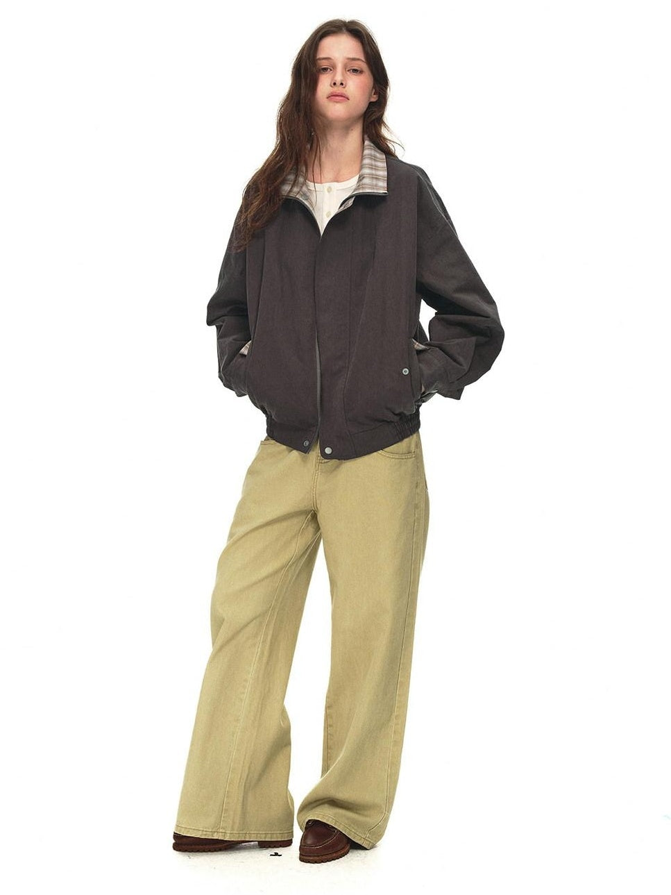 Country Moment Contrast Patchwork Relaxed Check Zip Long Sleeve Womens Cropped Jackets