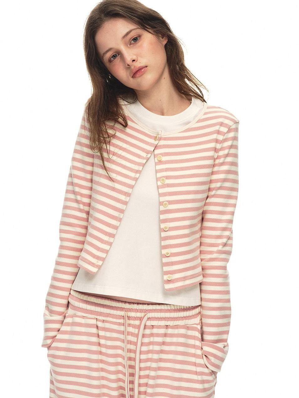 Country Moment Breathable Cotton Slim Fit Piped Pink Striped Casual Top & Pants Sets
