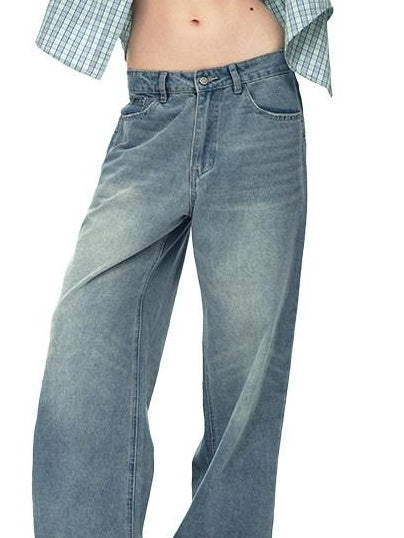 Country Moment Soft Breathable Mid Rise Stone Wash Loose Casual Unisex Denim Blue Wide Leg Jeans