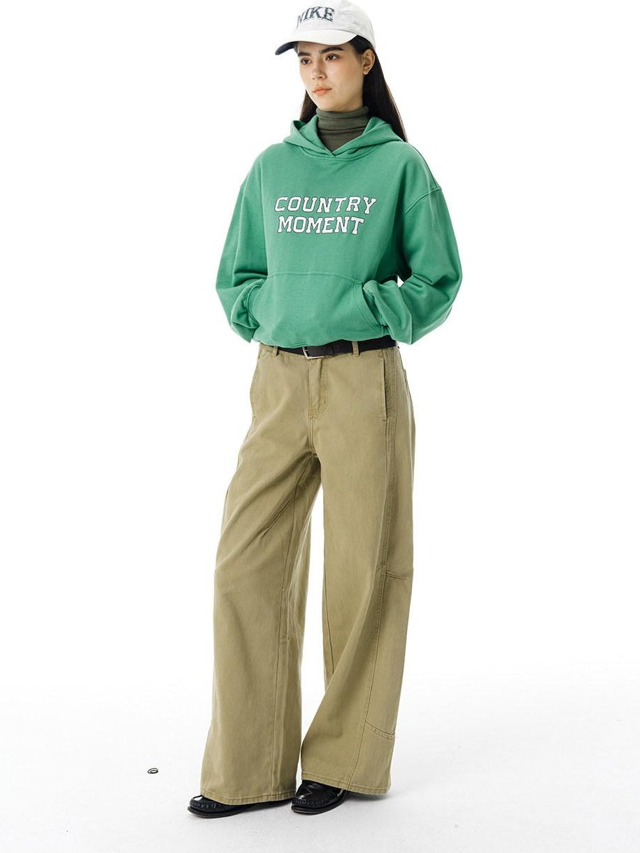Country Moment Cropped Heavyweight Cotton Printed Loose Fit Unisex Green Streetwear Hoodie
