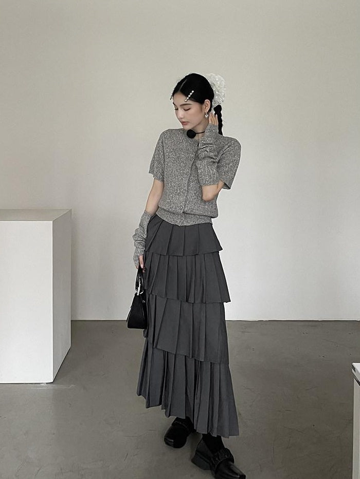 DDGIRL studio Lined High Waist Pleated Patchwork A Line Commuter Loose Fit Gray Midi Skirts