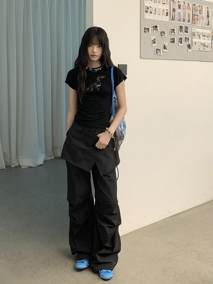 DDGIRL studio High Waist Cotton Cargo Pockets Loose Commuter Women Black Straight Pants