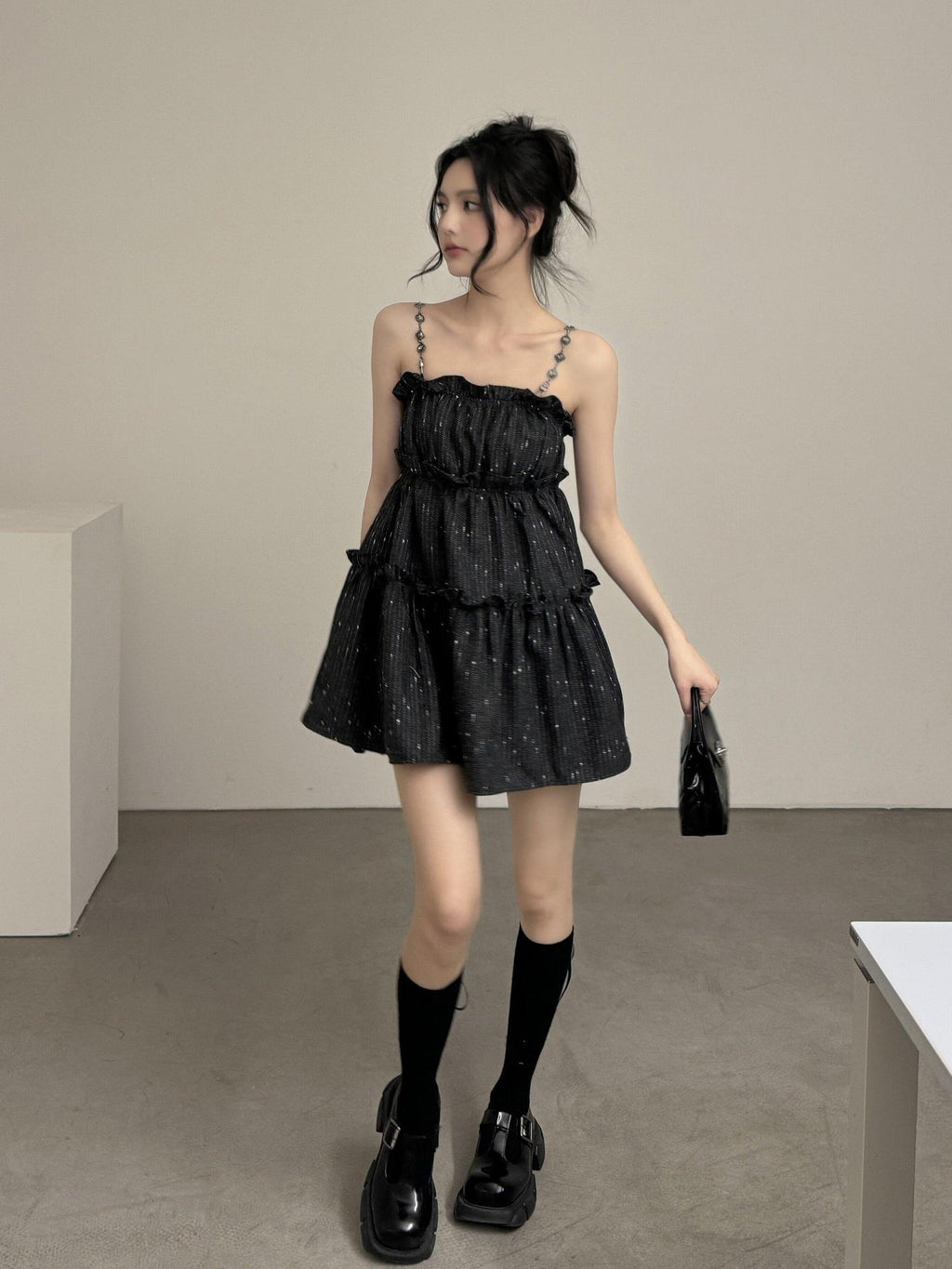 DDGIRL studio Shape Retain Strappy A Line Loose Waist Black Poly Wool Blend Mini Dresses