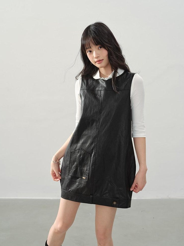 DDGIRL studio Soft Vintage Pu A Line Sleeveless Round Neck Loose Fit Black City Mini Dresses