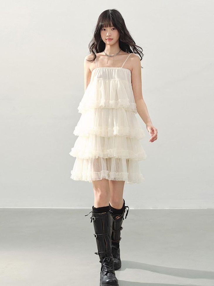 DDGIRL studio Breathable Soft Sweet Princess A Line Tiered Camisole Cream Mini Dresses