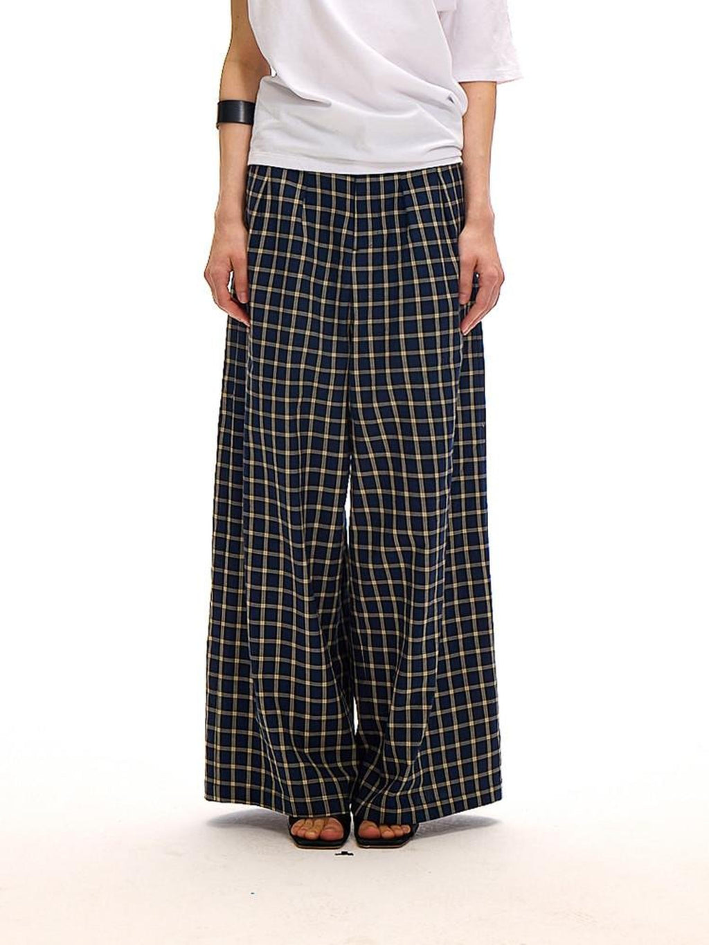 Country Moment Versatile Minimal Indigo Check Cotton Natural Waist Straight Wide Leg Pants