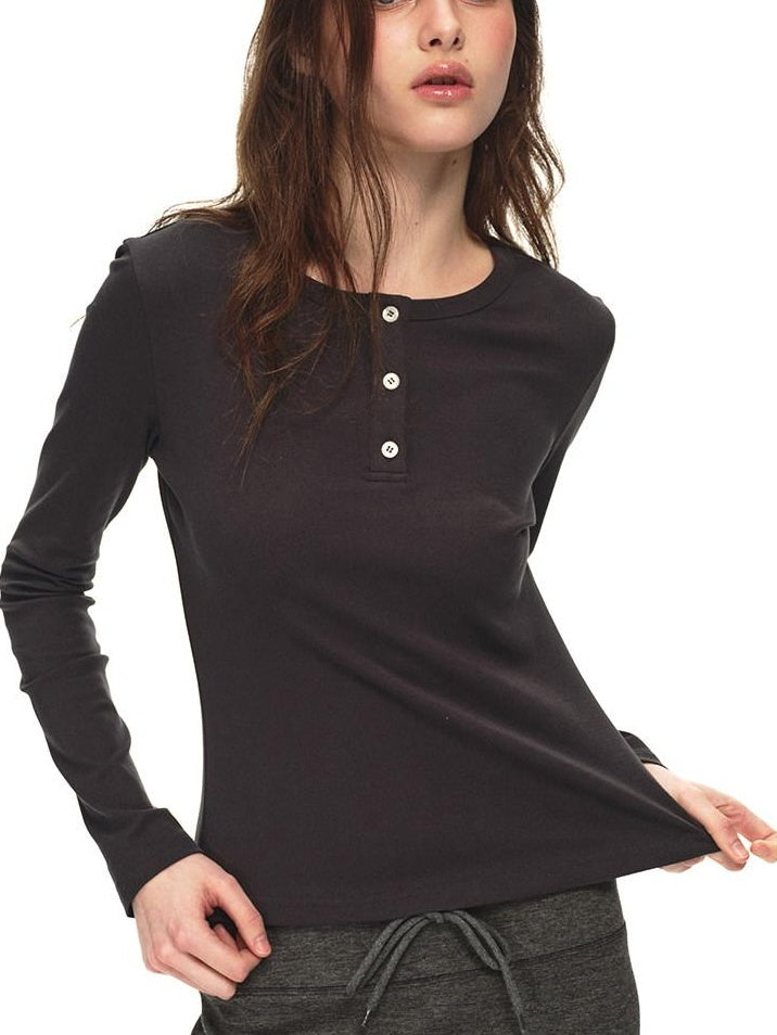 Country Moment Breathable Stretch Cotton Slim Fit Henley Button Women Long Sleeve T-Shirts